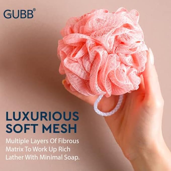 GUBB Luxe Bath Sponge Round Loofah For Women & Men, Bathing Scrubber For Body - Coral & Lilac - Image 3